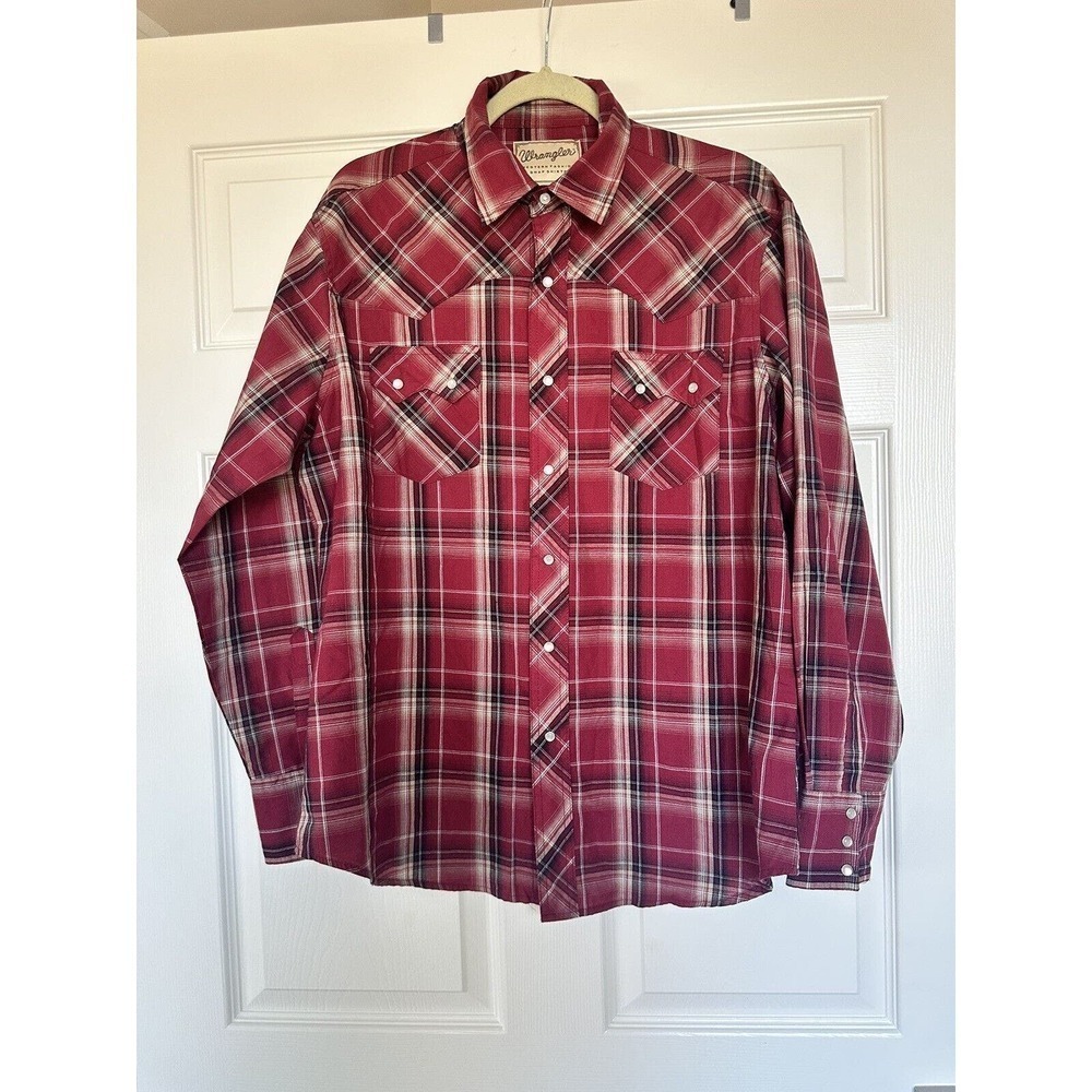 Vtg Wrangler Shirt Western Pearl Snap Sz L Plaid Sawtooth Cowboy Rodeo R…​